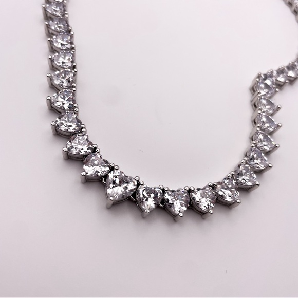 Silver Toned Heart Shaped Cubic Zirconia Tennis Necklace. 22 Inches. - Picture 7 of 13